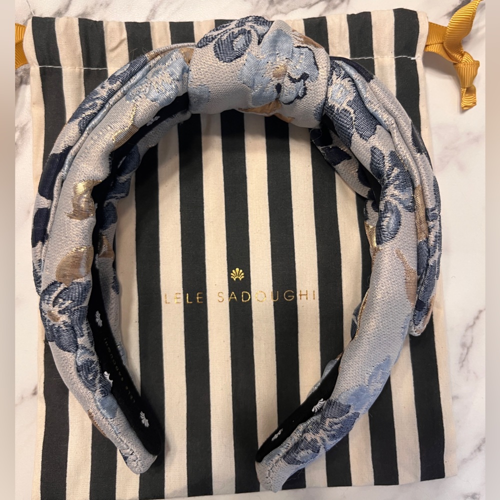 Lelesadoughi blue knotted bow headband with gold details